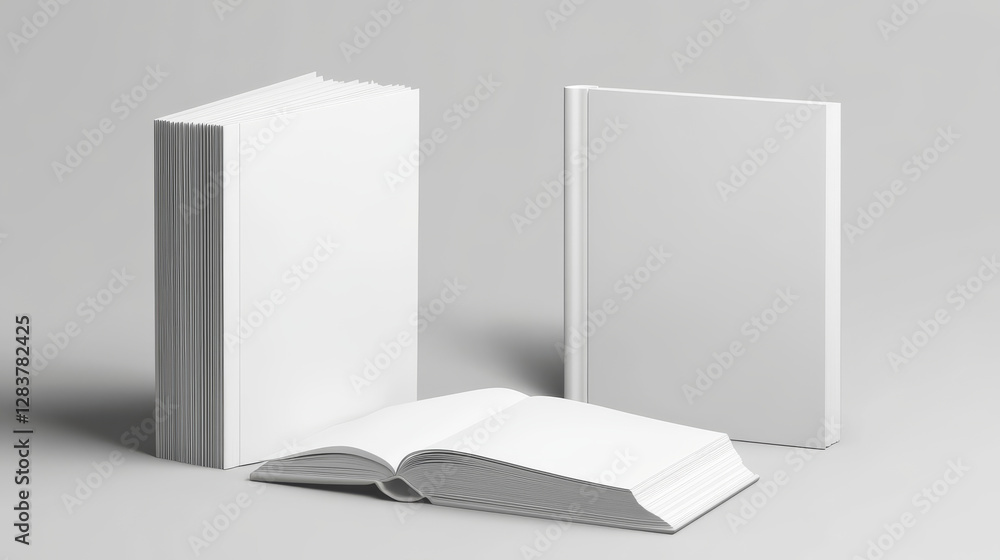 Poster template of blank paper book with white cover. vector realistic mock up of 3d standing and lying clo