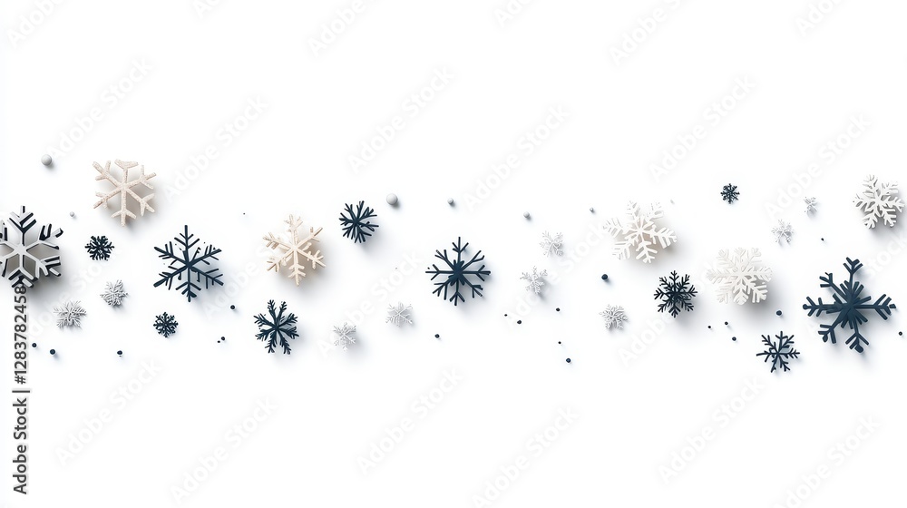 Poster snowflakes in various shapes and sizes on a white background
