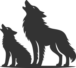 A young wolf howling next to a larger adult vector animal silhouette