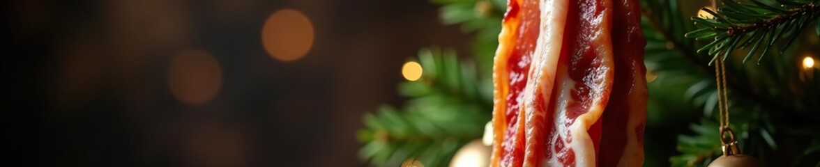 A bundle of thick-cut smoked bacon hanging from the top of the Christmas tree, christmasdecor, branches