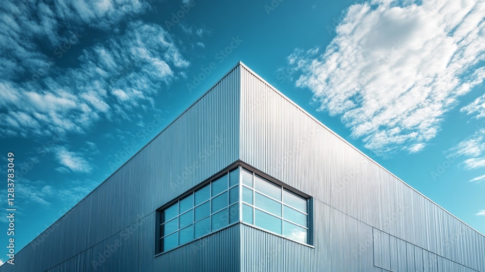 Poster A striking factory building features sharp angular lines and sleek metal cladding, contrasting against a bright blue sky filled with fluffy clouds