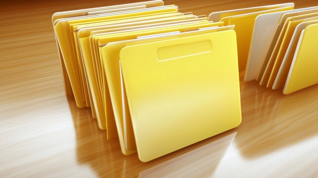 Yellow Folders Stacked on a Smooth Wooden Surface for Organizational and Office Use