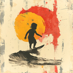 Child is surfing on a wave with a sun in the background