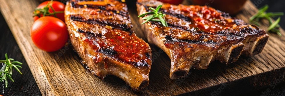 Aufkleber Grilled steak served with fresh tomatoes and herbs on a wooden board in a rustic setting. Generative AI