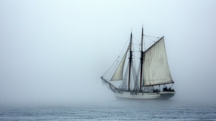 Classic Frigate Navigating Through a Misty Fog, Emphasizing Wooden Craftsmanship and Timeless Sailing Heritage