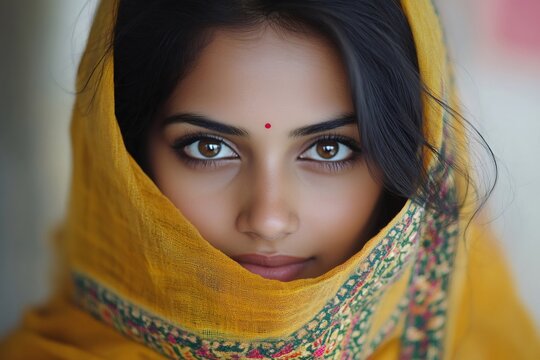 Beautiful indian woman wearing traditional yellow veil and bindi
