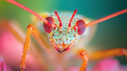 Fototapeta premium Vibrant Insect Macro Photography: A Close-Up of a Colorful Grasshopper