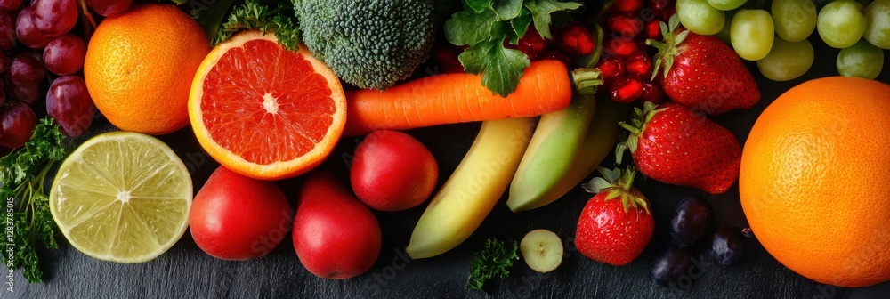 Aufkleber Colorful arrangement of fresh fruits and vegetables on a dark background creating an appetizing display. Generative AI