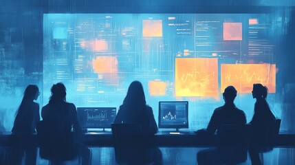 Digital leadership and remote team management Team analyzing data on digital screens.