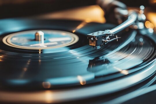 Vintage turntable playing vinyl record with needle on spinning disc