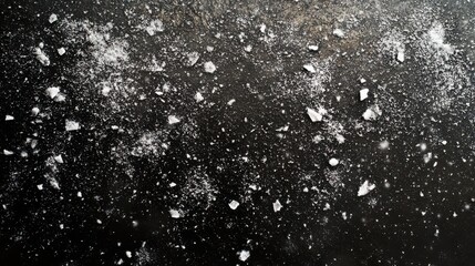 Coarse salt scattered on black background creating texture and contrast