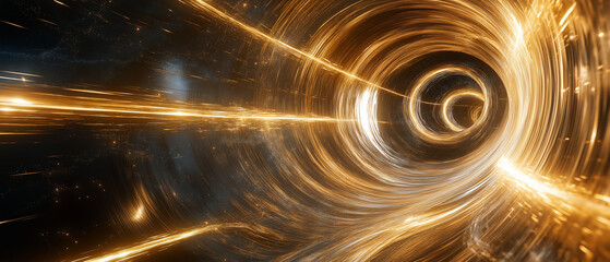Obraz premium Futuristic time dilation near a black hole, with warped clocks, golden light trails, and a deep event horizon, surrounded by distorted reflections of galaxies, illustrating time bending under intense 
