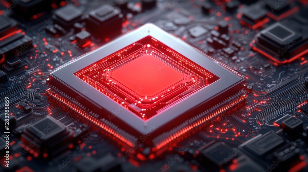 Poster red cpu chip placed on a black and gray circuit board with business team discussing encryption proto