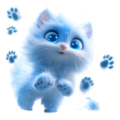Fluffy 3D Cartoon Cat with Glowing Paw Prints Isolated on Transparent Background