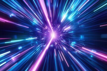 dynamic abstract light trails in electric blue and violet, creating dimensional movement through dark space with motion blur effects