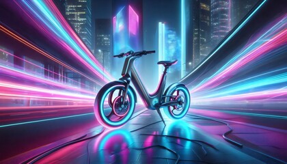 Futuristic Electric Bike in Neon Cityscape