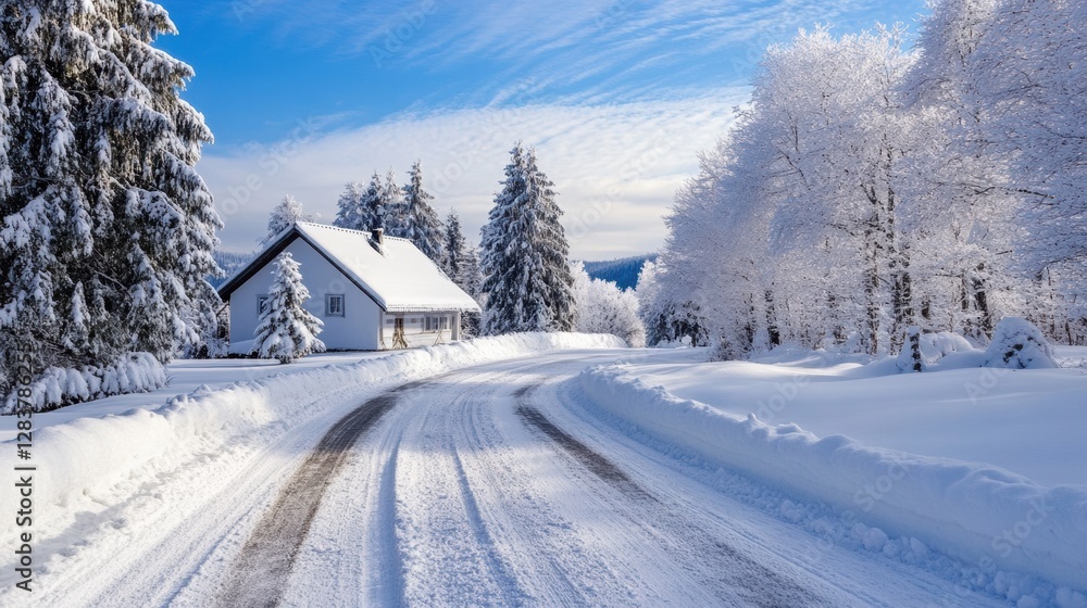 Poster serene winter landscape with a cozy house by a snowy road surrounded by frost covered trees in a tra