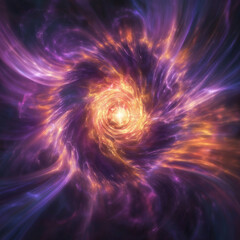Glowing singularity at the heart of a collapsing star, emitting golden and violet energy waves, with space-time ripples distorting stars and dynamic bursts of light from an unstable quantum core.