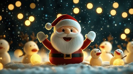 Obraz premium Festive Santa with Snowmen, Night Lights, Snow Falling. Possible use Christmas card, holiday promotion