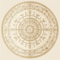 Mandala-style zodiac wheel with hand-drawn detailed lines, floral and celestial motifs, deep gold accents on a soft beige background, and an embossed texture adding a tactile dimension.