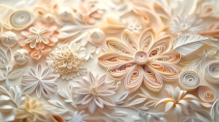 Elegant floral arrangement of handcrafted paper quilled flowers in neutral and pastel colors.