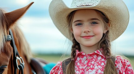 Smiling Young Cowgirl with Horse in Sunny Outdoor Setting