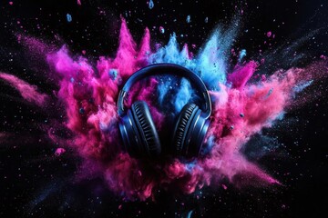 dynamic explosion of colorful powder around floating headphones, freeze-frame capture, vibrant particles suspended in motion against black background