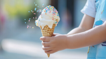 Enjoying a Summertime Sweet Treat: Happy Child with a Delicious Melting Ice Cream Cone