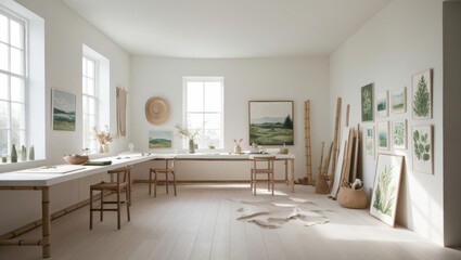 Artist`s workshop in wite colors. Minimalism. 