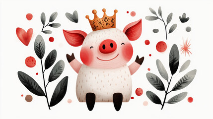 Cute pig, A whimsical image of a pig in a crown sitting on a golden throne, ideal for playful and luxurious themes.