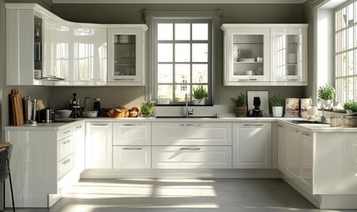 Modern white kitchen design, sunny window, plants, home decor, interior design