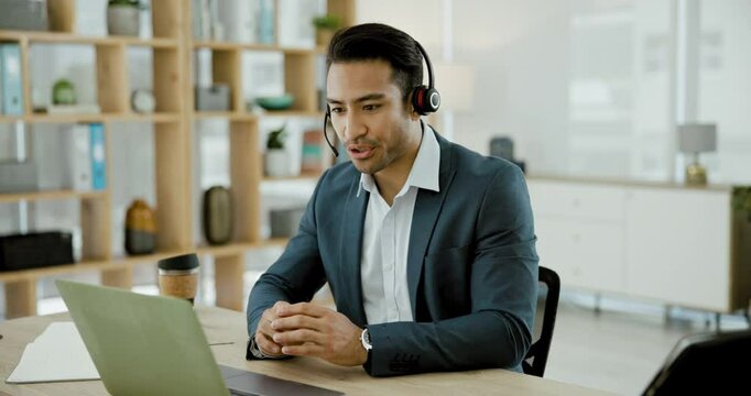 Call center man, talking and laptop for typing, search or financial advisor for customer care in office. Consultant, tech support or agent with computer, mic or headphones for voip, crm and help desk