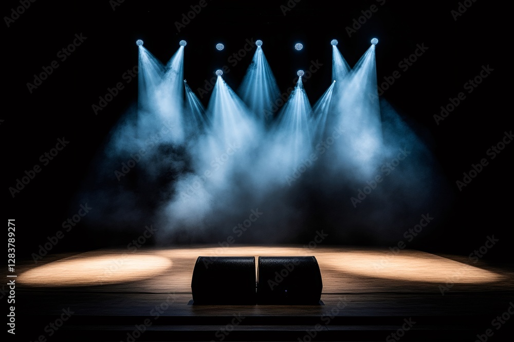 Poster stage lights illuminating empty stage with speakers and smoke effect