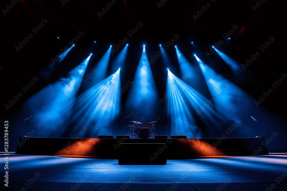 Poster empty stage illuminated by blue spotlights awaiting the show