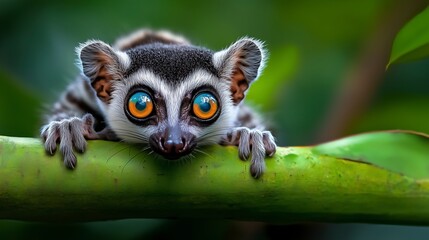 Obraz premium Baby monkey is sitting on a green branch