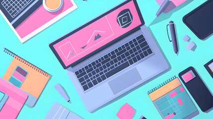 lay of digital marketing tools including a laptop, planner, and graphics tablet 