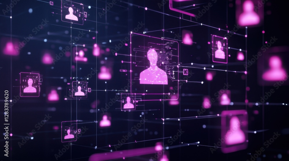 Poster abstract digital network visualization featuring glowing user icons, data connections, and geometric