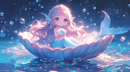 A whimsical mermaid sitting in a shell, surrounded by sparkling water bubbles.