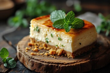 Delicious cheesecake with fresh mint garnish, isolated on background with copy space. Tasty cheesecake with fresh mint, isolated on background with copy space.