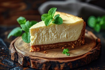Delicious cheesecake with fresh mint garnish, isolated on background with copy space. Tasty cheesecake with fresh mint, isolated on background with copy space.