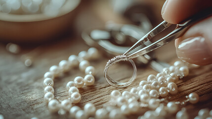 Close up of handmade jewelry creation of silver ring and pearl necklace on rustic wooden surface