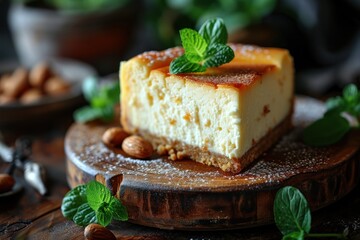 Delicious cheesecake with fresh mint garnish, isolated on background with copy space. Tasty cheesecake with fresh mint, isolated on background with copy space.