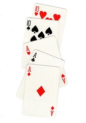 A poker hand of playing cards arranged vertically on a white background.