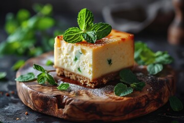 Delicious cheesecake with fresh mint garnish, isolated on background with copy space. Tasty cheesecake with fresh mint, isolated on background with copy space.