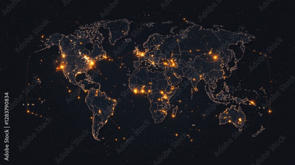 Aufkleber global map with illuminated city lights and network connections against a dark background representi