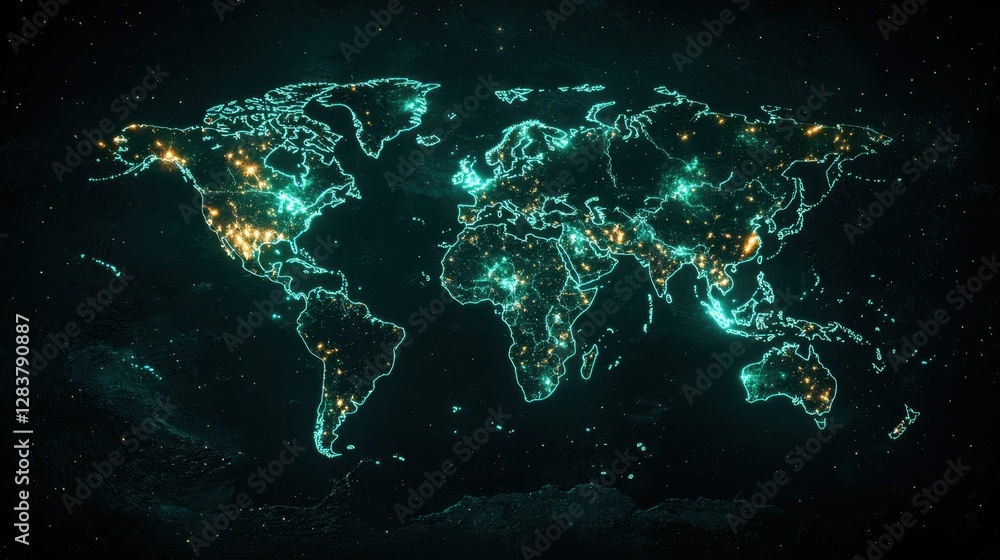 Poster illuminated world map with bright points of interest highlighting major cities and regions on a dark