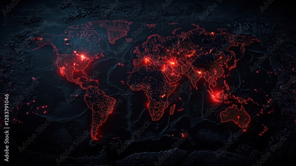 Aufkleber red neon world map with data points illuminated on dark background, global connectivity and technolo