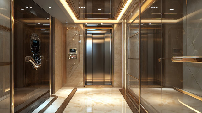 Lift doors, elevator close and open. Building hall interior with chrome metal gates, buttons and stage number panels, indoor transportation in house, office or hotel, realistic 3d vector Illustration
