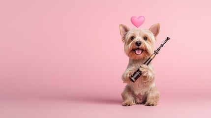 Cute Dog Holding Object with Heart on Pink Background