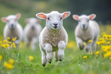 Fototapeta premium Lambs jumping and running in a meadow with yellow flowers